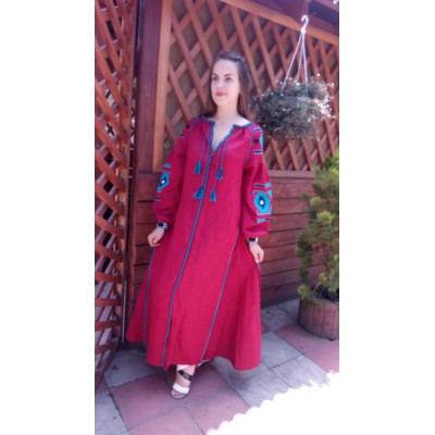 Boho Style Ukrainian Embroidered Maxi Mauve Dress with Black/Blue Embroidery